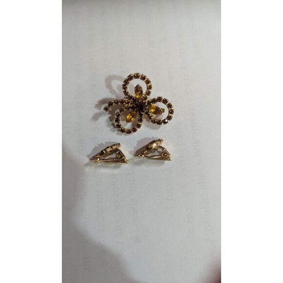 Vintage Rhinestone Bow Brooch & Clip-On Earring Gold tone topaz brown tone - Picture 7 of 9